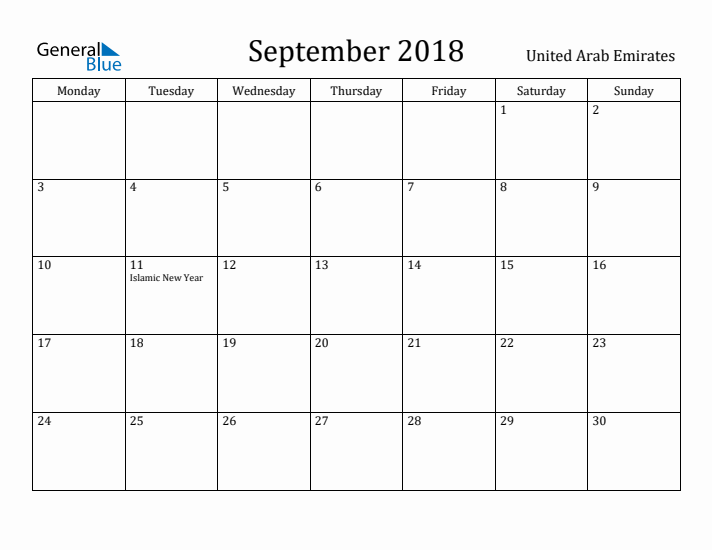 September 2018 Calendar United Arab Emirates