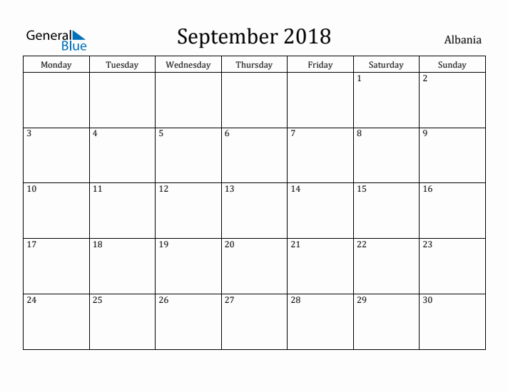 September 2018 Calendar Albania