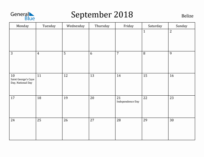 September 2018 Calendar Belize