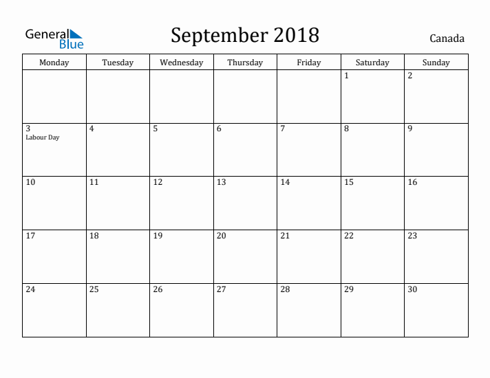 September 2018 Calendar Canada