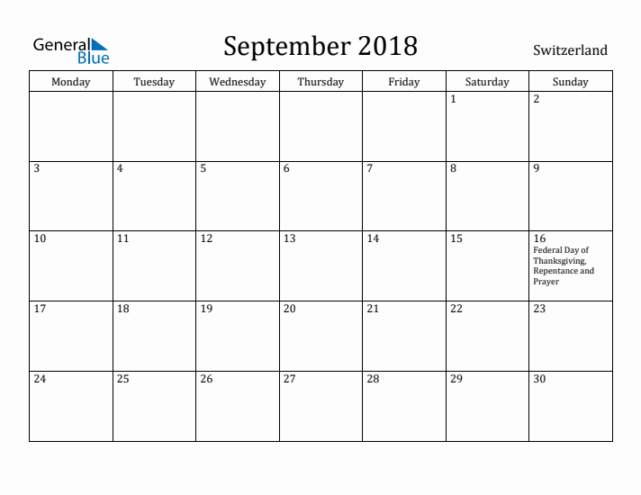 September 2018 Calendar Switzerland