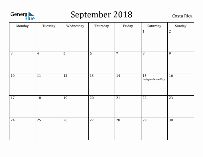 September 2018 Calendar Costa Rica