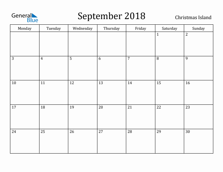 September 2018 Calendar Christmas Island