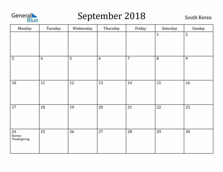 September 2018 Calendar South Korea