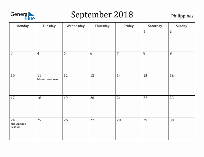 September 2018 Calendar Philippines