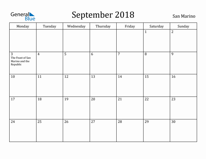 September 2018 Calendar San Marino