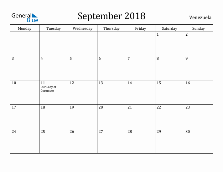 September 2018 Calendar Venezuela