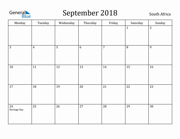 September 2018 Calendar South Africa