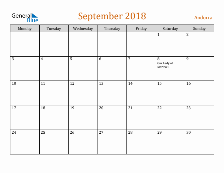 September 2018 Holiday Calendar with Monday Start