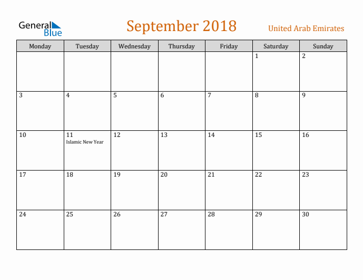 September 2018 Holiday Calendar with Monday Start