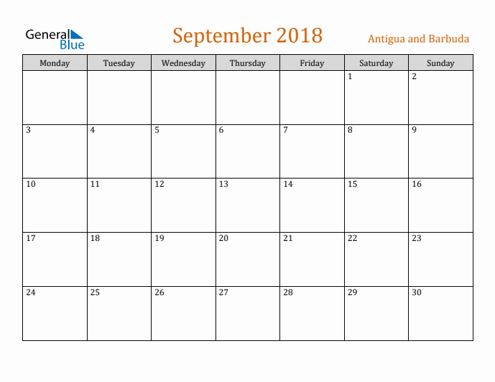 September 2018 Holiday Calendar with Monday Start