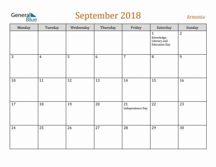 September 2018 Holiday Calendar with Monday Start