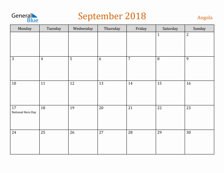 September 2018 Holiday Calendar with Monday Start