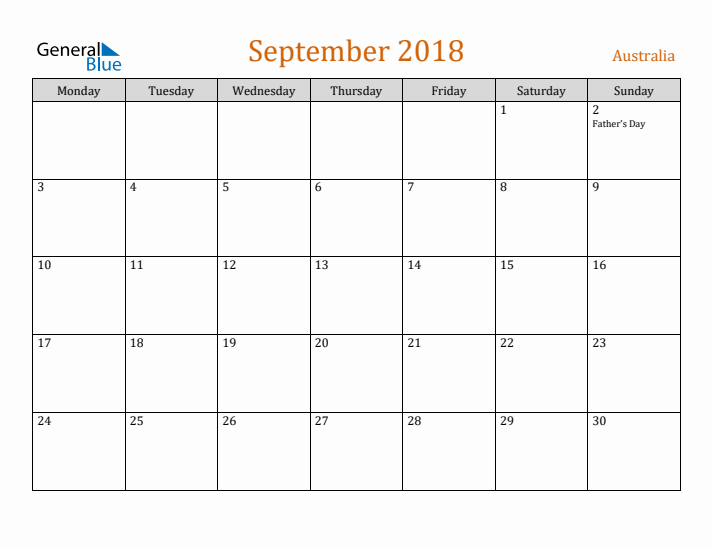 September 2018 Holiday Calendar with Monday Start