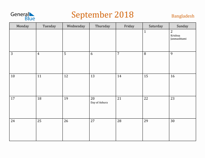 September 2018 Holiday Calendar with Monday Start