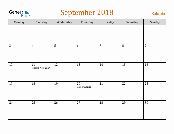 September 2018 Holiday Calendar with Monday Start