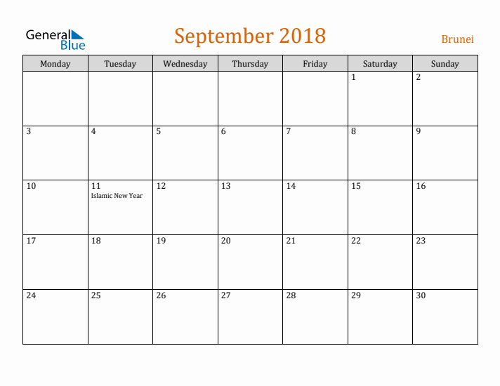 September 2018 Holiday Calendar with Monday Start