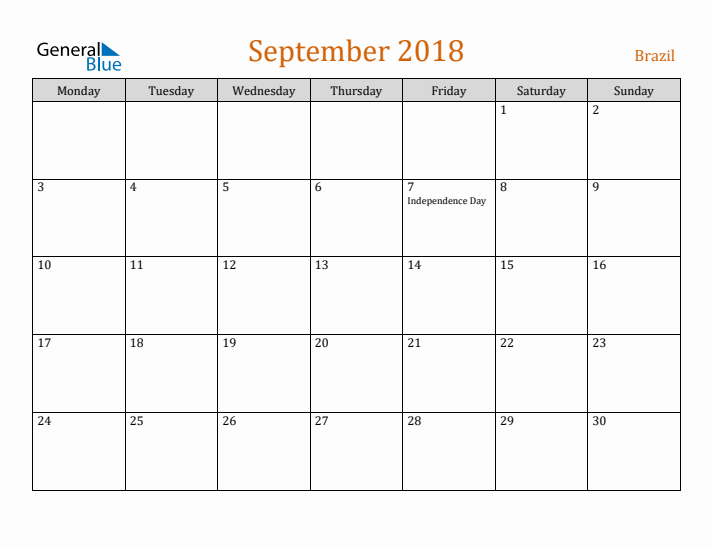 September 2018 Holiday Calendar with Monday Start