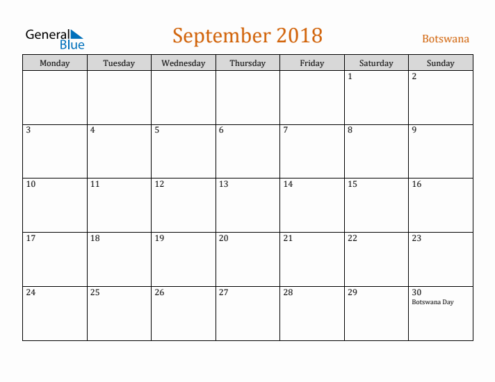 September 2018 Holiday Calendar with Monday Start