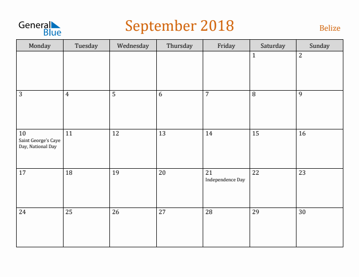 September 2018 Holiday Calendar with Monday Start