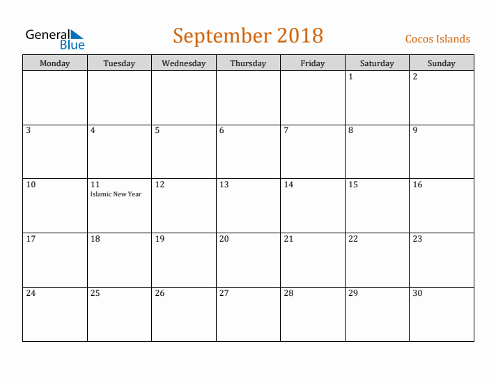 September 2018 Holiday Calendar with Monday Start