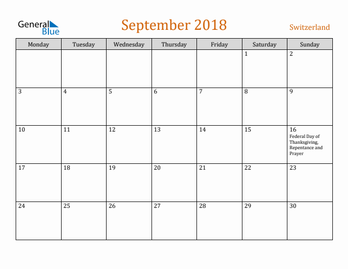 September 2018 Holiday Calendar with Monday Start