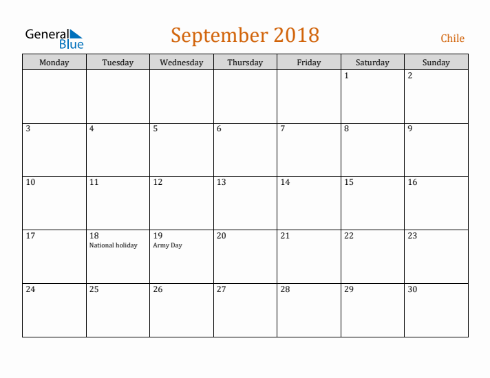 September 2018 Holiday Calendar with Monday Start