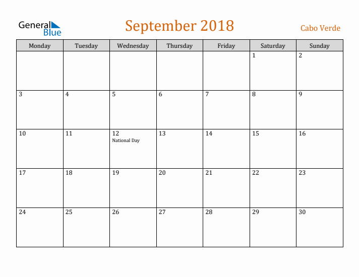 September 2018 Holiday Calendar with Monday Start