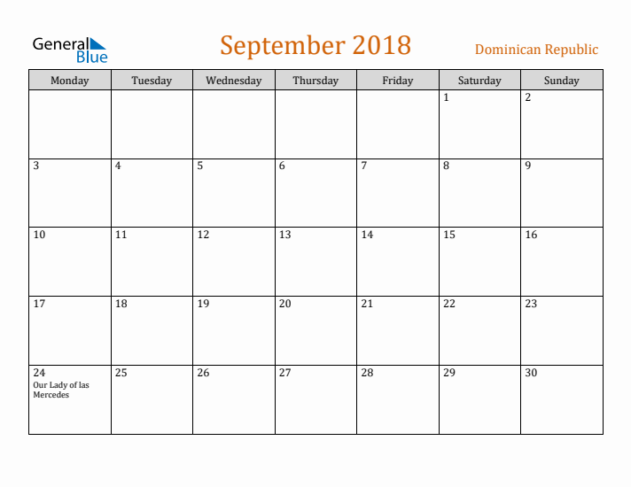 September 2018 Holiday Calendar with Monday Start