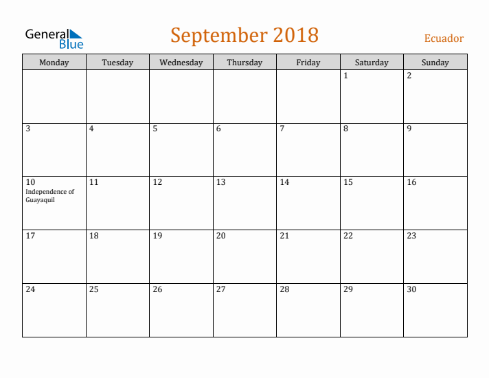 September 2018 Holiday Calendar with Monday Start