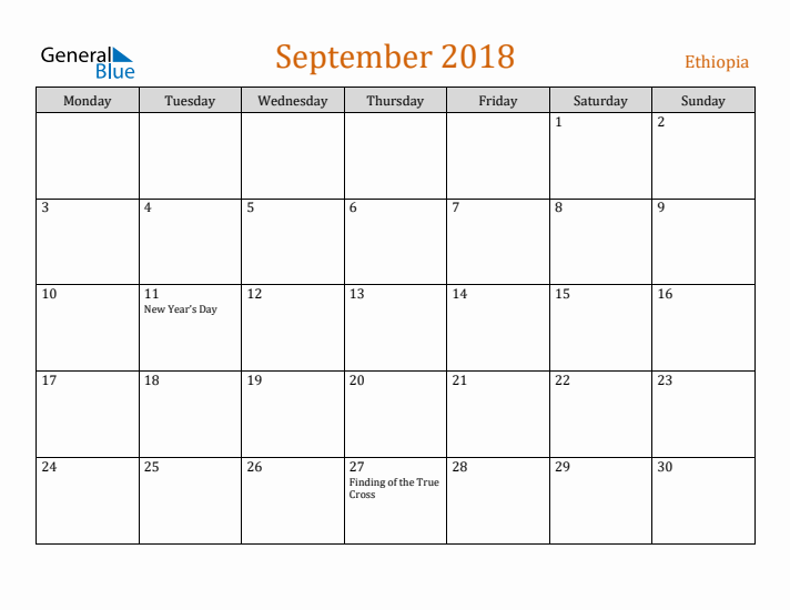 September 2018 Holiday Calendar with Monday Start