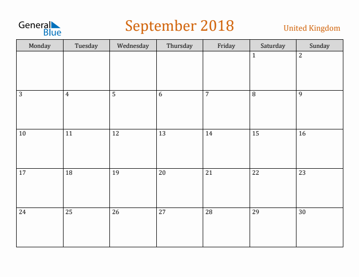 September 2018 Holiday Calendar with Monday Start