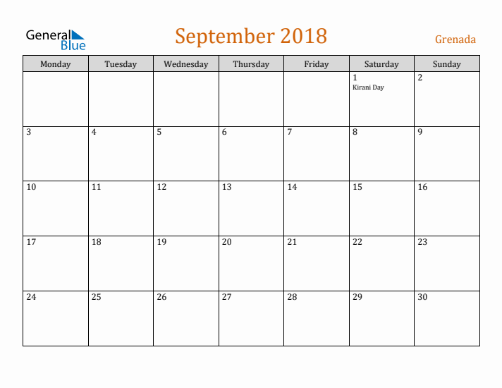 September 2018 Holiday Calendar with Monday Start