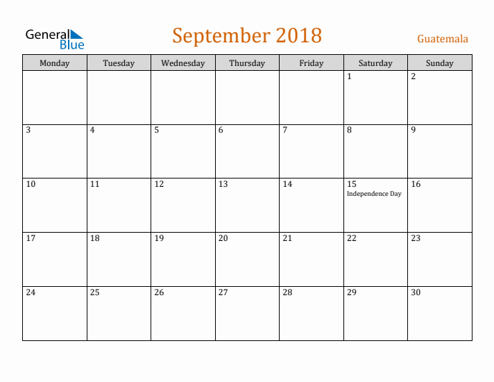 September 2018 Holiday Calendar with Monday Start