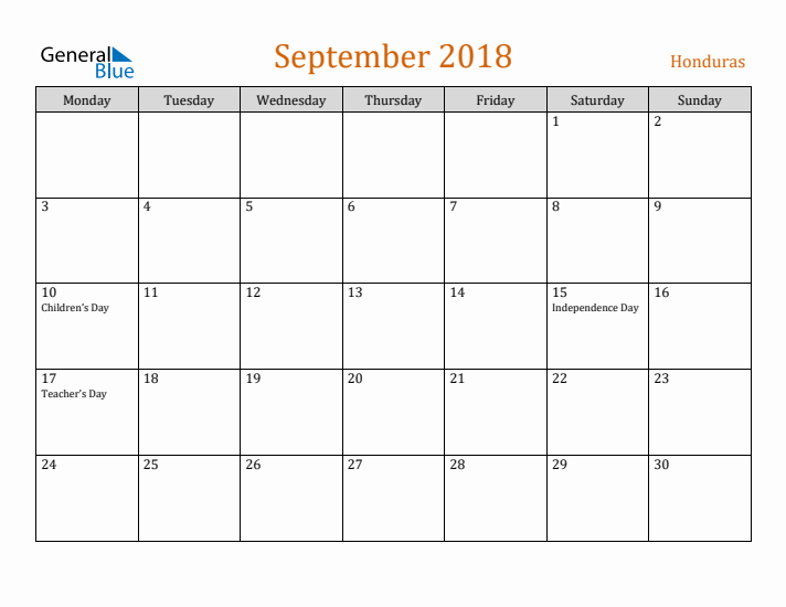 September 2018 Holiday Calendar with Monday Start