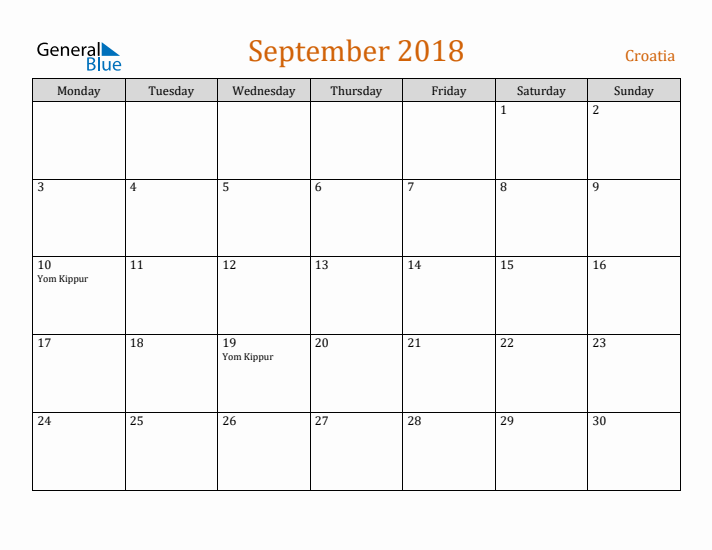 September 2018 Holiday Calendar with Monday Start