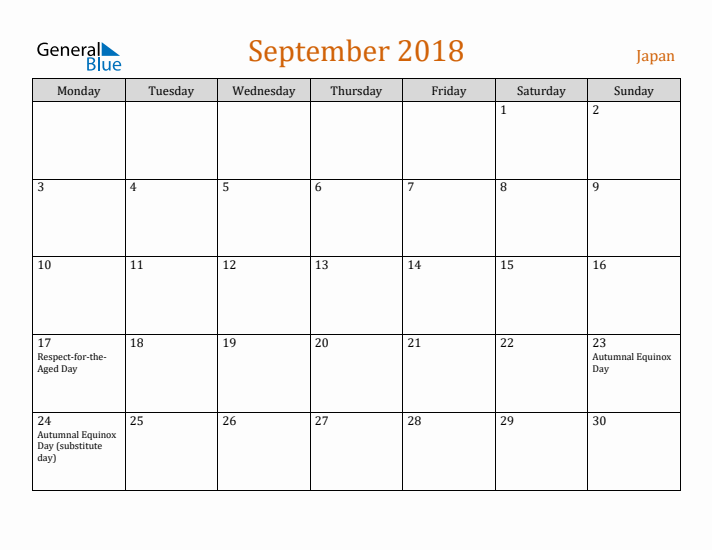 September 2018 Holiday Calendar with Monday Start