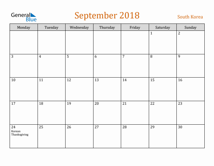 September 2018 Holiday Calendar with Monday Start