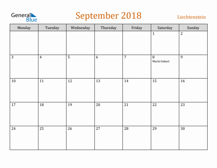 September 2018 Holiday Calendar with Monday Start