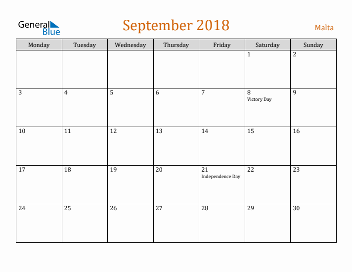 September 2018 Holiday Calendar with Monday Start