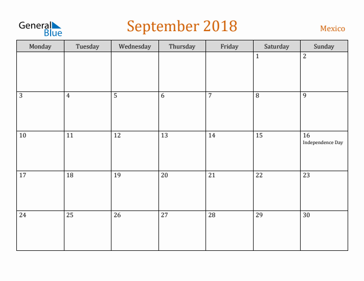 September 2018 Holiday Calendar with Monday Start