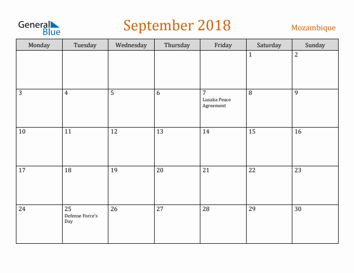 September 2018 Holiday Calendar with Monday Start