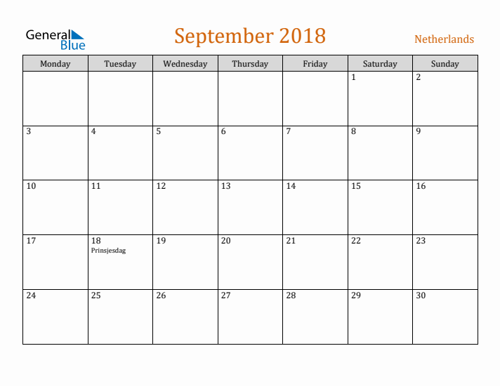 September 2018 Holiday Calendar with Monday Start