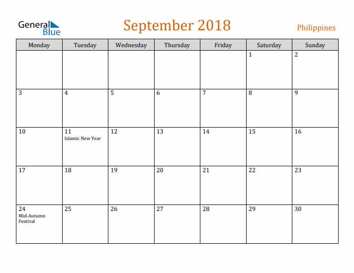 September 2018 Holiday Calendar with Monday Start