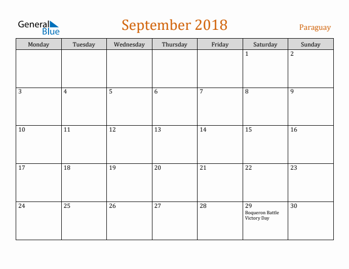 September 2018 Holiday Calendar with Monday Start