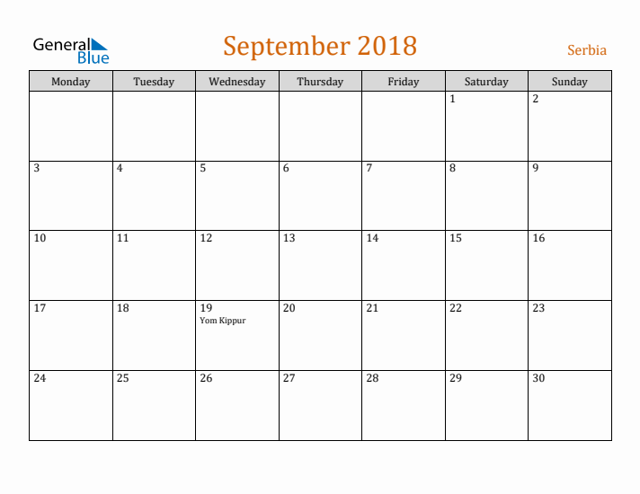 September 2018 Holiday Calendar with Monday Start