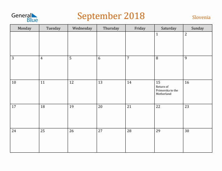 September 2018 Holiday Calendar with Monday Start