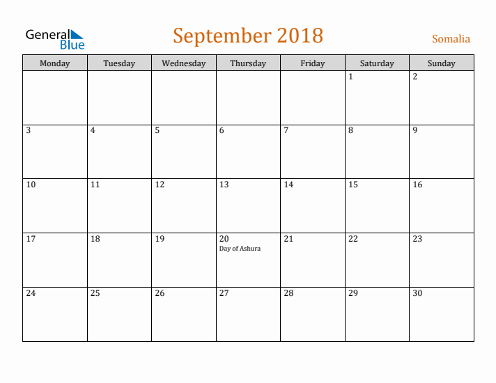 September 2018 Holiday Calendar with Monday Start