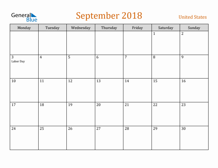 September 2018 Holiday Calendar with Monday Start