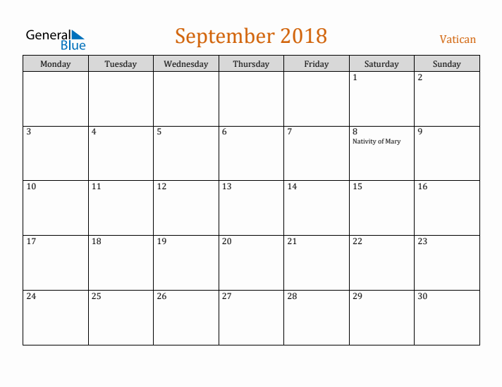 September 2018 Holiday Calendar with Monday Start